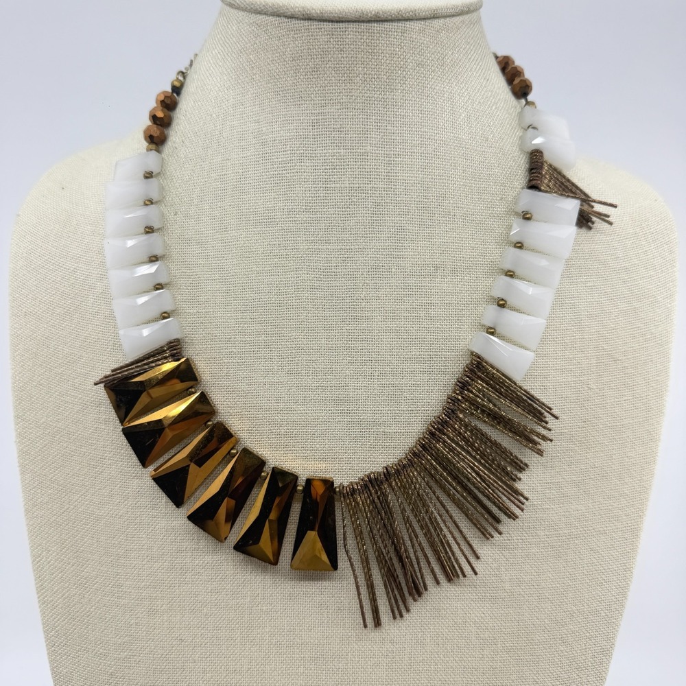 Bronze Tone White Geometric Bead Fringe Bib Necklace Boho Statement Jewelry